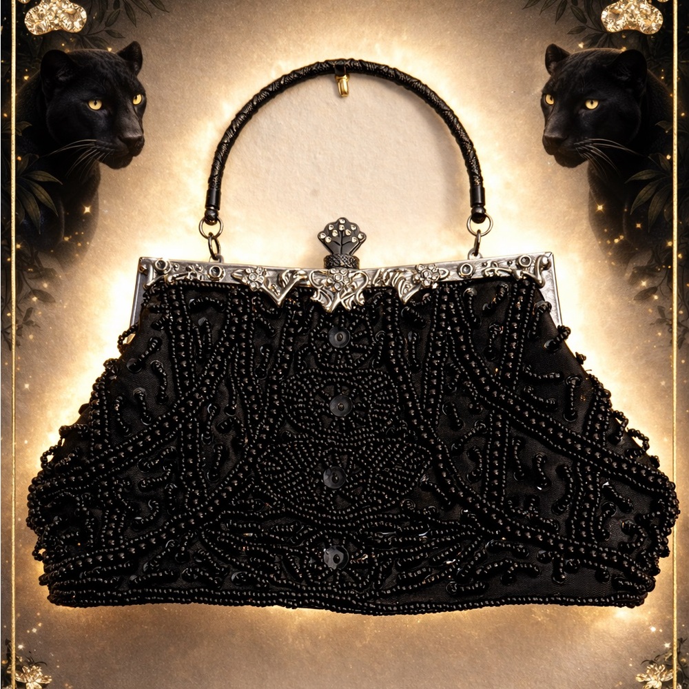 Sparkling Black Beaded Evening Bag with Silver Accents